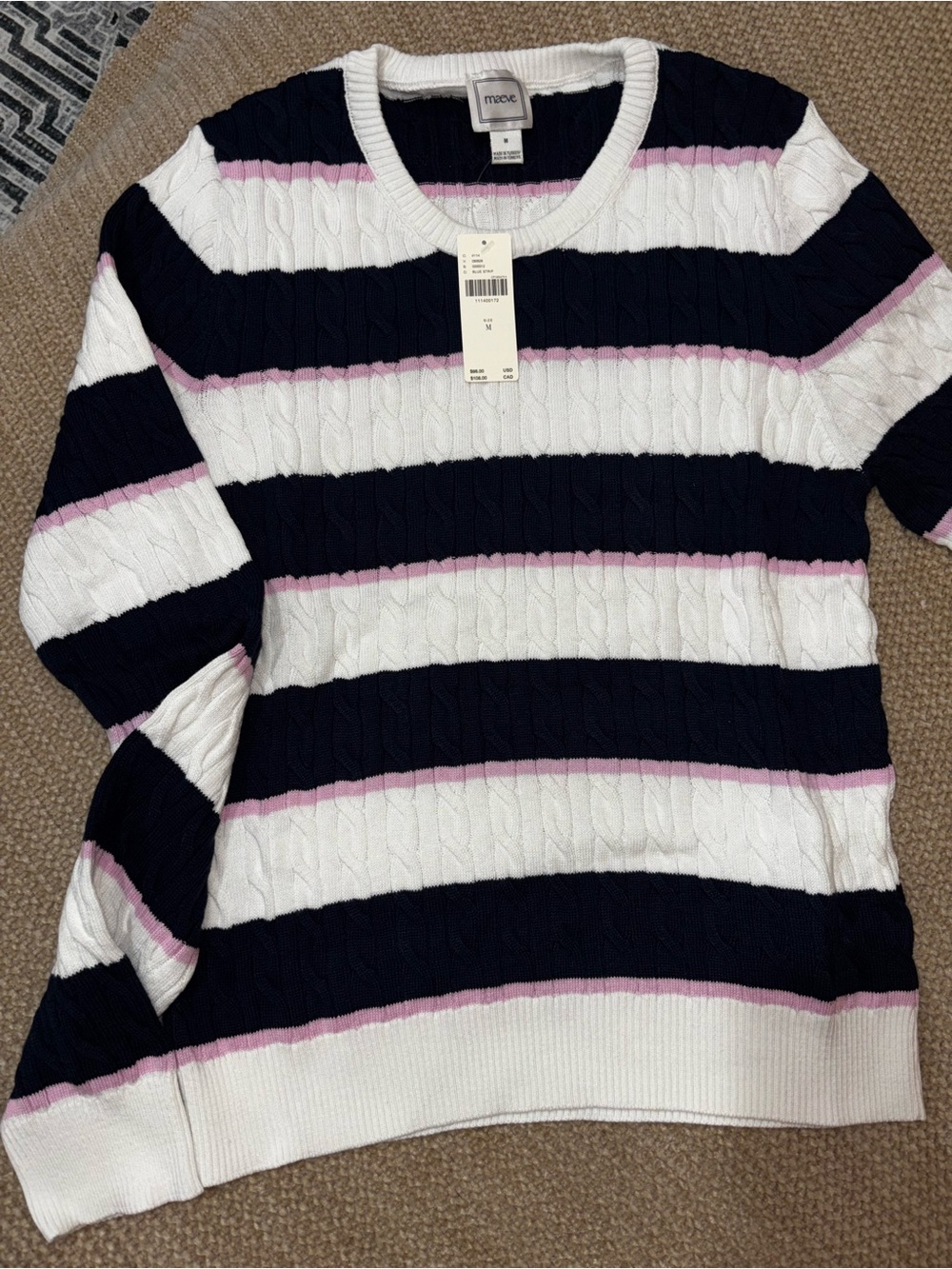 Anthropologie Navy, White & Pink Striped Cable Crew Sweater
